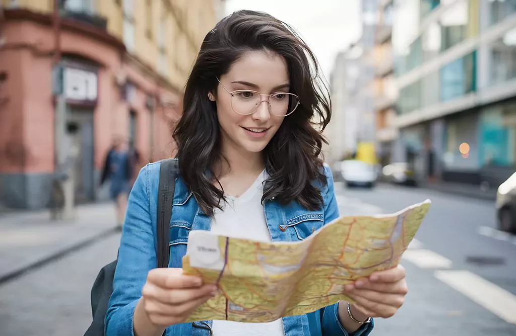 A Young Woman Reading a Map While Exploring a City Street