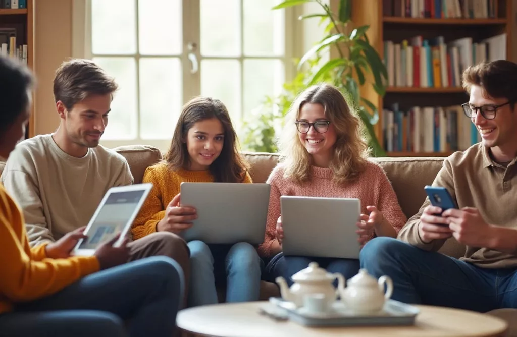 Group of Students Sitting Together using Laptops and Phones