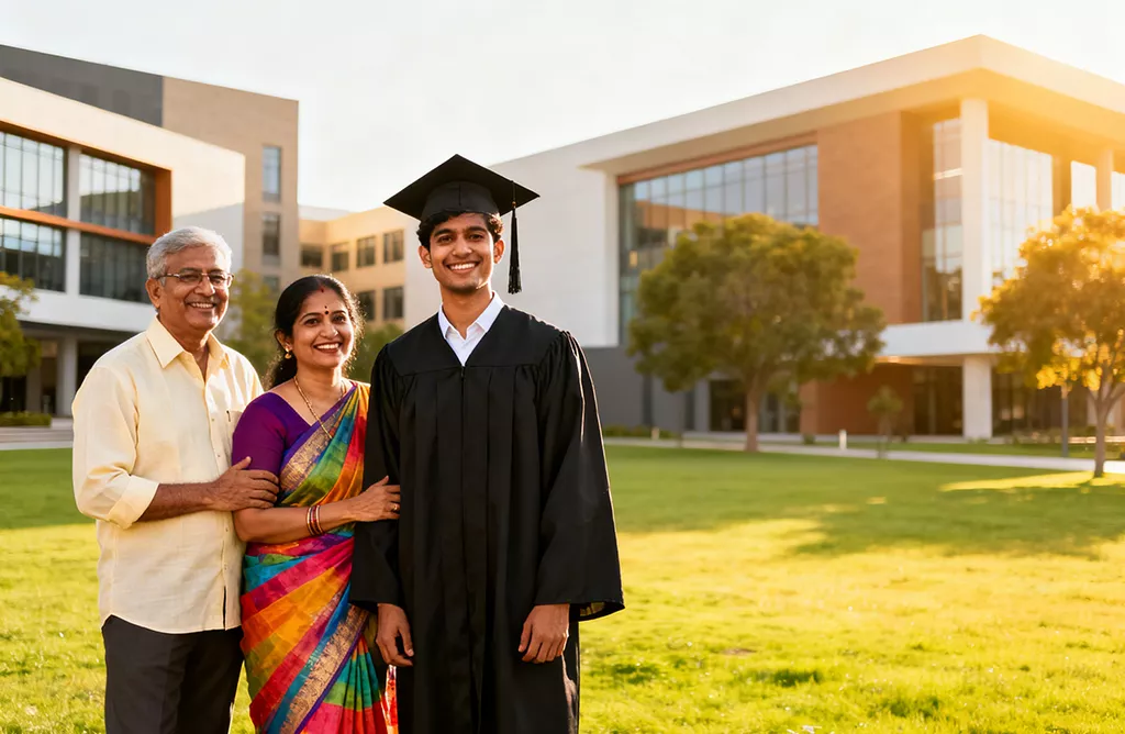 Graduating Student Posing with Proud Parents on University Campus