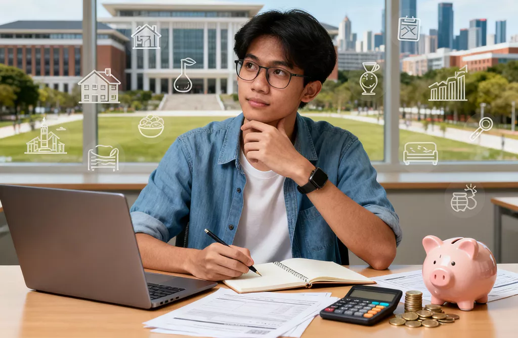 Student Planning Study Abroad Finances with Laptop and Savings