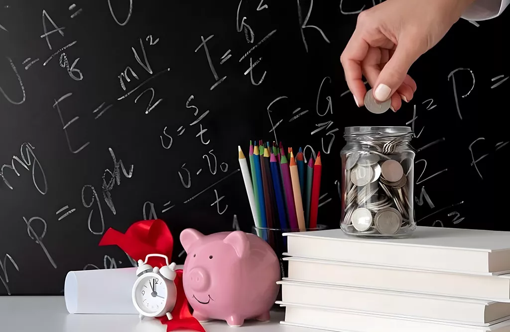 Piggy Bank, Books, and Coins Symbolizing Affordable Education.