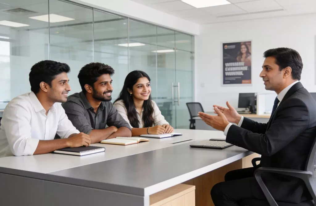 Students receiving guidance from study abroad consultants in Hyderabad.