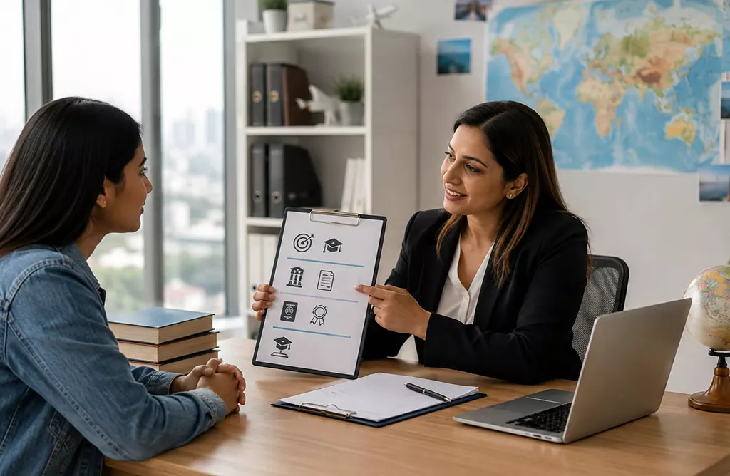 Education consultant guiding a student through university selection and study abroad options
