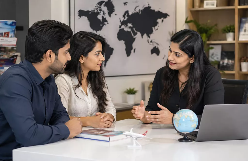 Study abroad consultants counseling students about international education opportunities