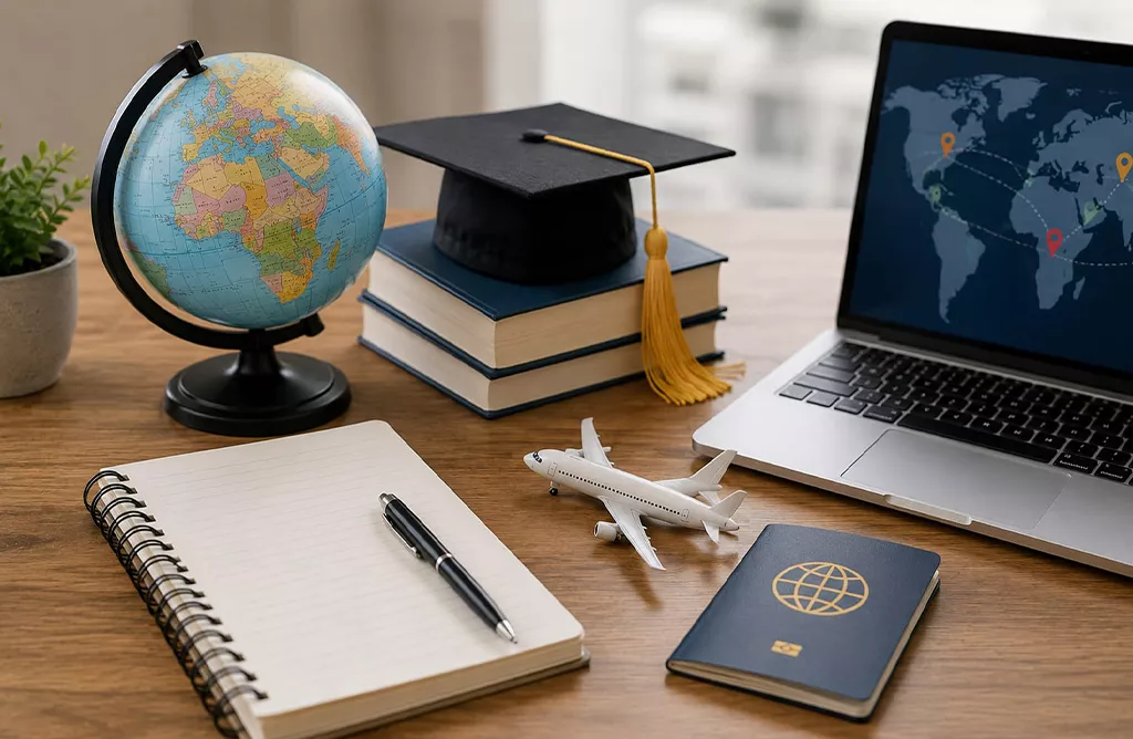 Study abroad planning desk with globe, passport and university books