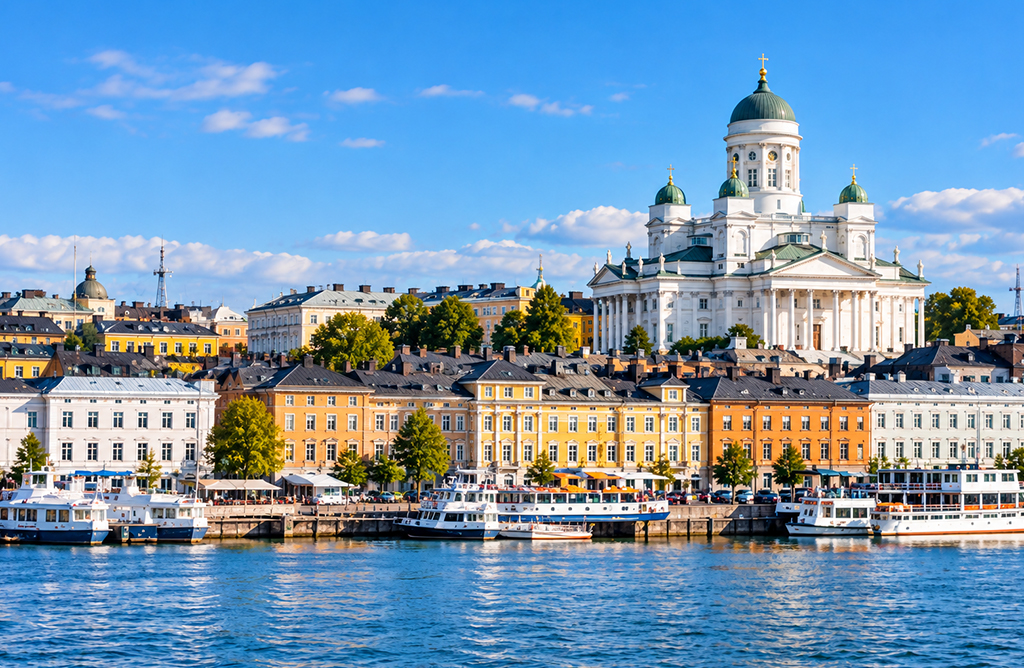 Helsinki Finland Cityscape With Waterfront, Boats And Historic Architecture