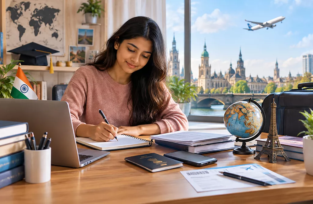 Indian Student Preparing Documents For Studying In Europe.