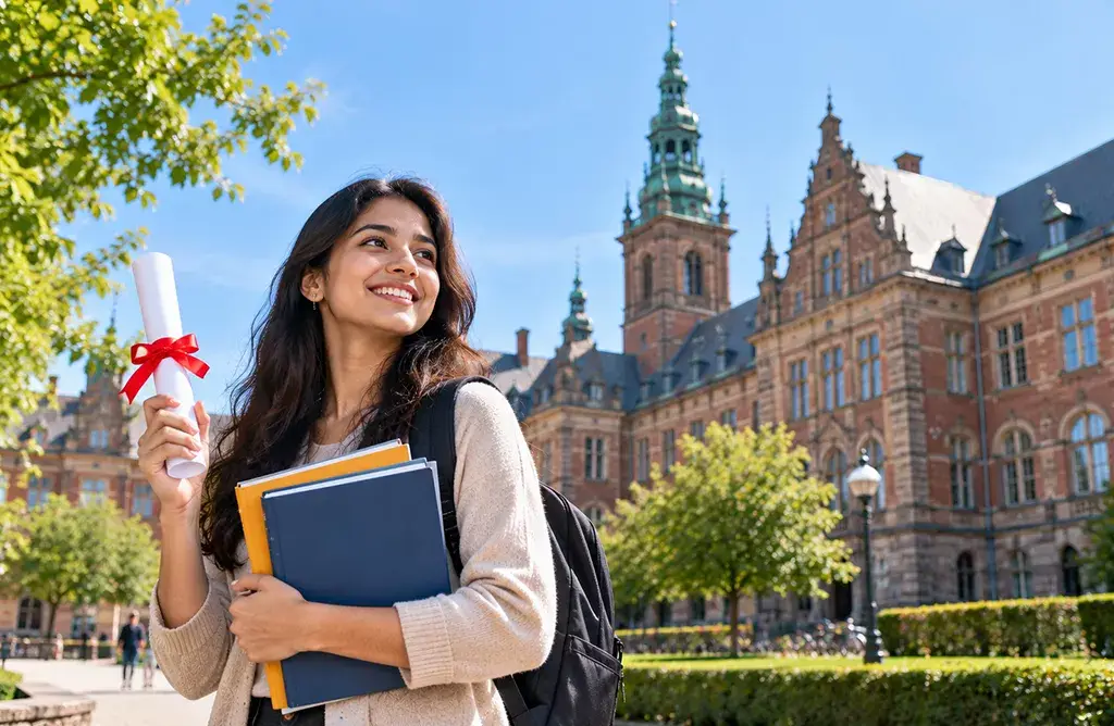 International Student Holding Graduation Certificate Outside a University In Denmark