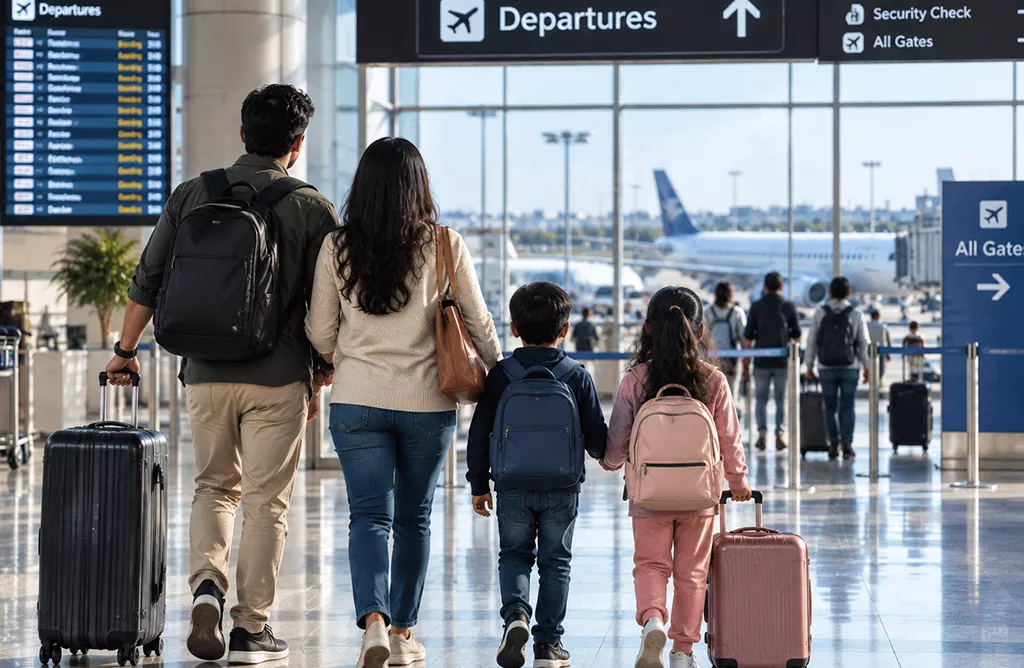 Indian Family Traveling Through An Airport For a European Journey.