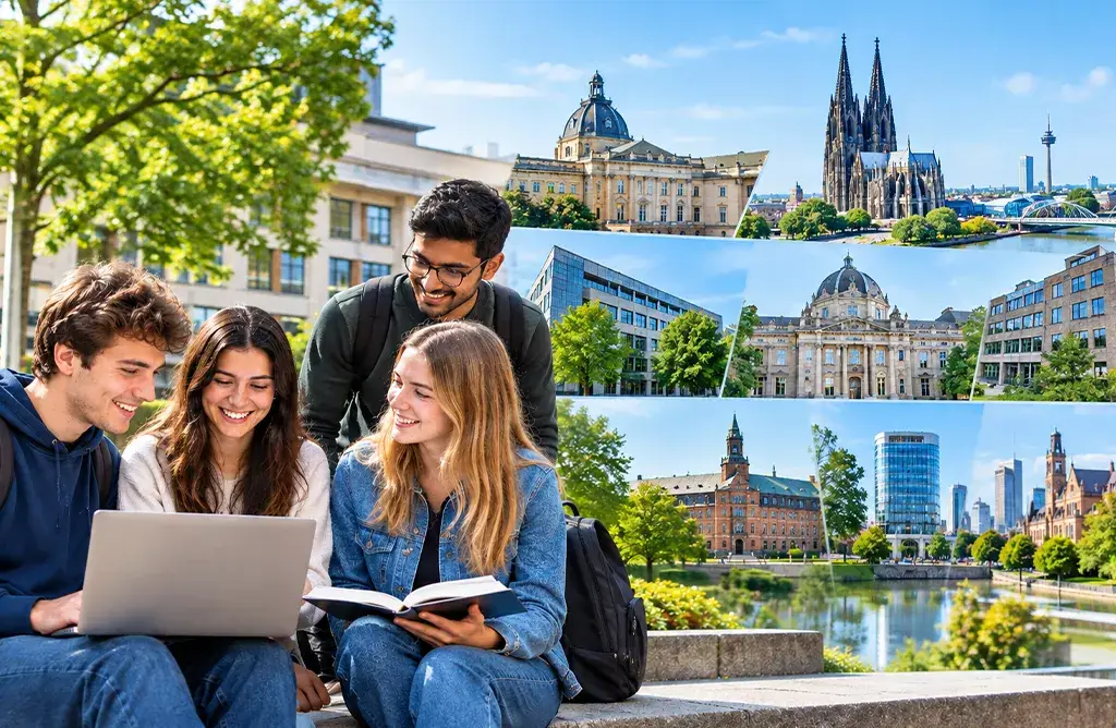 International Students Studying In Germany With German City Landmarks In The Background