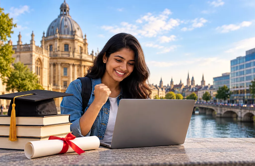 Bangalore Student Studying In Europe With Laptop, Degree And Oxford Campus