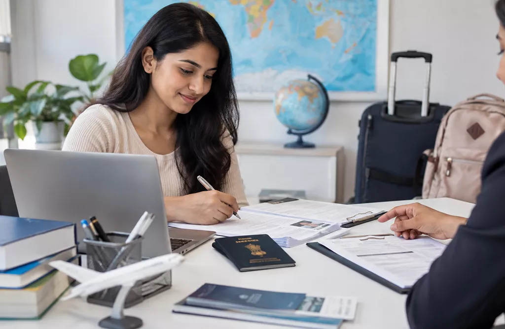 Study Abroad Student Preparing Documents and Visa Application With Consultant