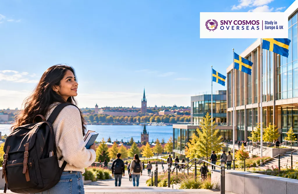 Indian Student Exploring a Swedish University Campus for International Education Opportunities