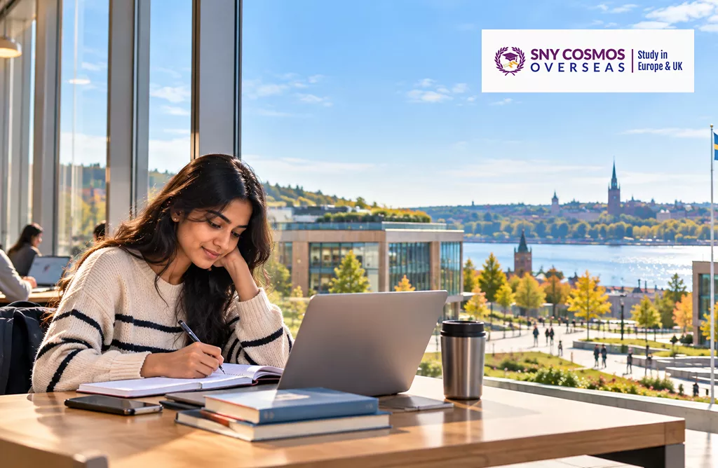 Indian Student Researching Swedish University Courses and Study Abroad Opportunities on Laptop