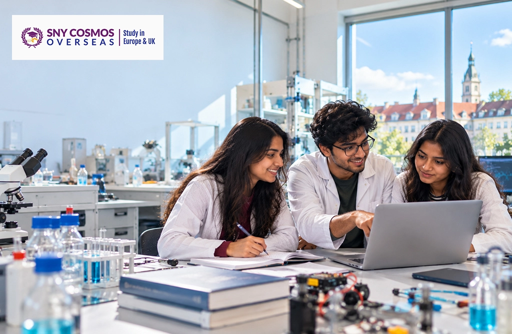 Indian Students Discussing Technical Projects Together in a German University Lab