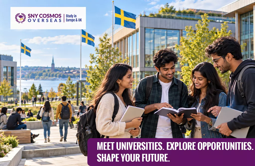 Indian Students Meeting University Representatives at a Swedish Campus During Study Abroad Fair