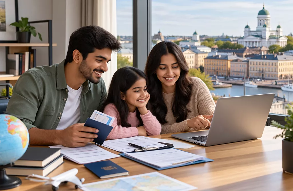 Family Planning Study Abroad in Finland With Documents and Laptop