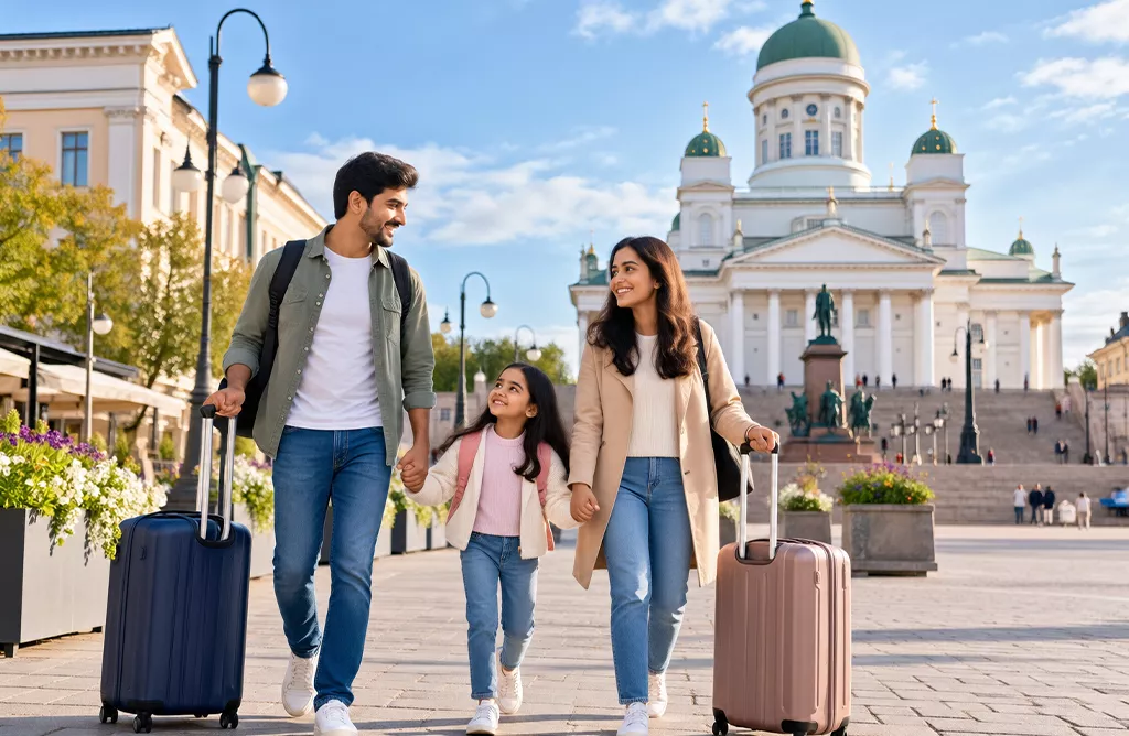 Student Family Exploring Finland With Luggage and Travel Plans